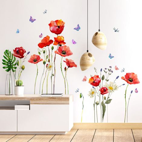 Mohnblumen-Wandtattoo, rote Blumen-Wandtattoos, Pflanzen- und Schmetterlings-Wandtattoos, Wandtattoos für Schlafzimmer, Wohnzimmer, Küche, Wanddekoration (1/5)