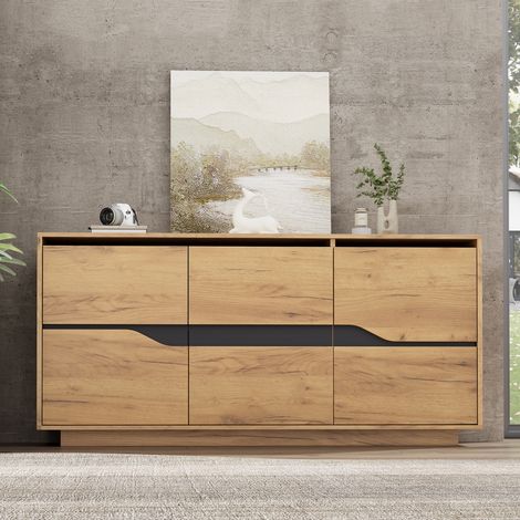 Commode, en bois, 3 portes, noir, 140 x 40 x 70 cm, pour salon, meuble de rangement, pour chambre salon entrée, format pratique