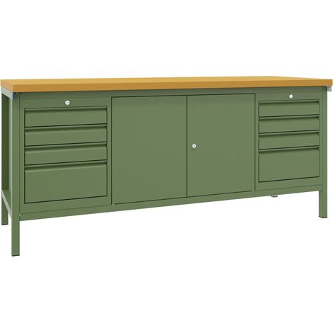 Pavoy Werkbank, 2000x700x900 mm, 2 Schubladenblöcke, 1 Schrank, RAL 6011 (1/2)