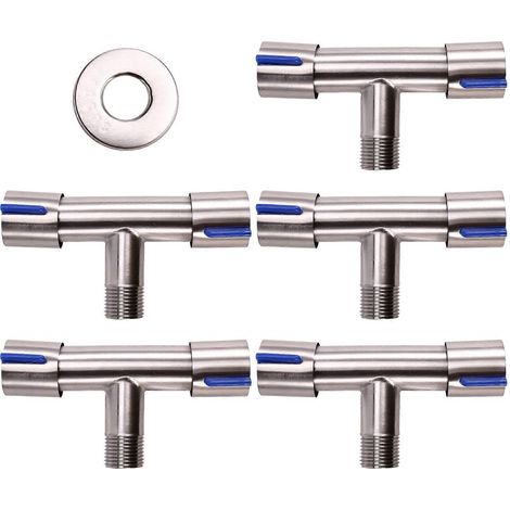 Robinet d'angle double commande (5 pièces) pour salle de bain, WC, lave-linge et bidet. Compatible avec les modèles 1 entrée et 2 sorties. (1/5)