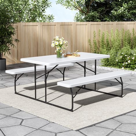 White Foldable Picnic Table and Bench Set with Parasol Hole (1/5)