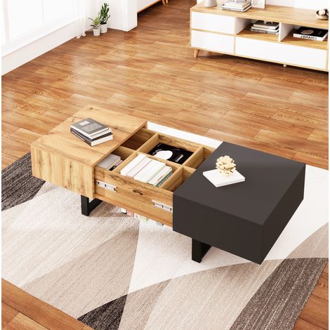 Tavolino da caffè scorrevole in pannello truciolare naturale/antracite 100-155 cm con vani contenitore (1/5)