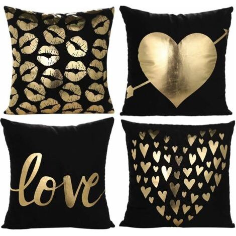 Ahlsen Taie d'oreiller doré doux estampage à chaud coeur amour baiser housse de coussin pour lit canapé salon chambre 45 x 45 cm lot de 4 (amour en noir) (1/5)