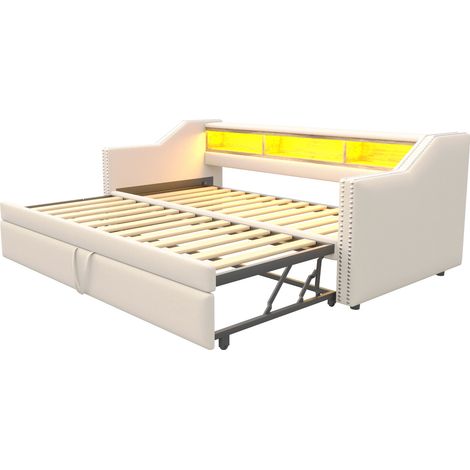 Ausziehbares Polster-Schlafsofa 90/180 x 190 cm mit LED, USB und Stauraum, Beige (1/5)