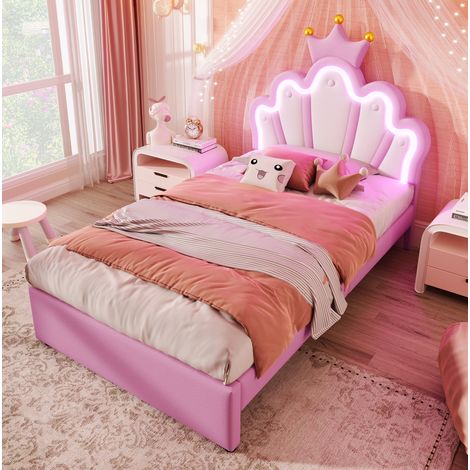 Lit enfant rembourré PU rose 90x200 cm avec LED 16 couleurs, 2 tiroirs et tête de lit réglable (1/5)