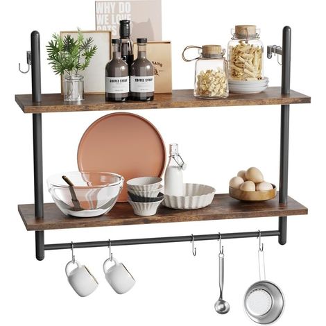 Étagère Suspendue Industrielle 3 Niveaux 105cm, Étagère Murale en Bois avec Crochets pour Rangement Salon, Cuisine, Balcon (Marron, 80 x 24 x 64 cm) (1/5)