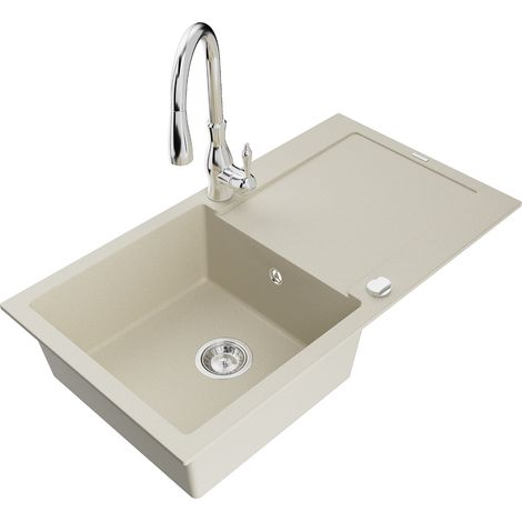 Mexen Leo lavello in granito 1 vasca con sgocciolatoio e rubinetto da cucina Savita, beige - 6501-69-672601-00 (1/5)