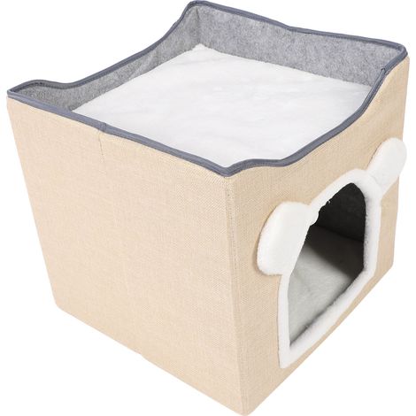 Niche pliable pour chat avec balle suspendue et griffoir, maisonnette/lit/grotte pour petit chat, couleur beige (1/5)