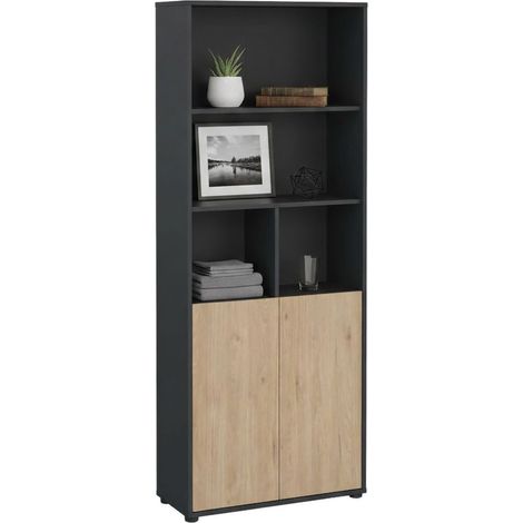 Dmora - Libreria Rosalie, Scaffale da ufficio, Mobile portalibri, Biblioteca, 80x34 h205 cm, Rovere e Grigio
