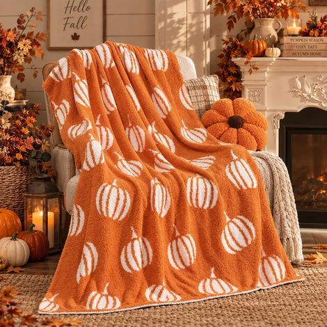 Plaid en maille motif citrouille (127 x 152 cm) – Couverture réversible pour l'automne et Halloween – Cadeau orange et blanc pour Thanksgiving (canapé ou lit) (1/5)