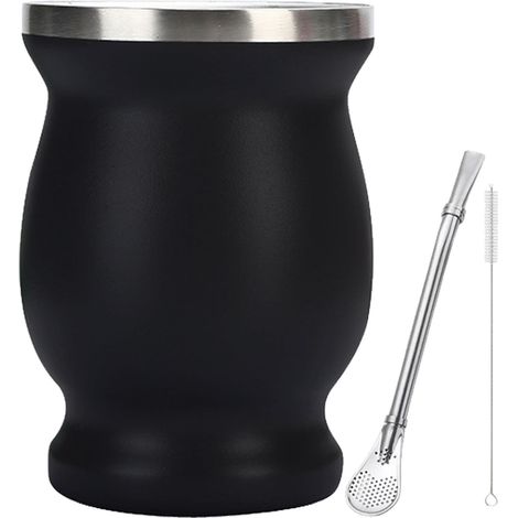 Gobelet isotherme double paroi en acier inoxydable 304 (240 ml) avec paille et goupillon, noir (1/5)