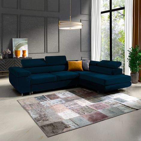 Canapé d'angle convertible droit 4 places Wilson velours Bleu (1/5)