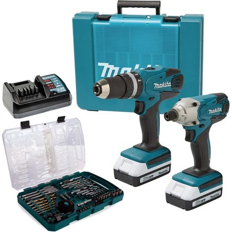 Makita 18v Cordless Li-ion Combi Hammer Drill Impact Driver Twin Pack & Bit Set (1/4)