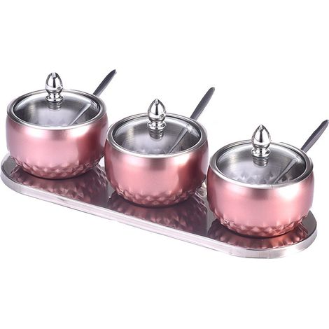 juego de botes de especias de acero inoxidable con bandeja y cuchara, estilo europeo, botes de almacenamiento de condimentos prácticos y elegantes para la cocina. (1/5)