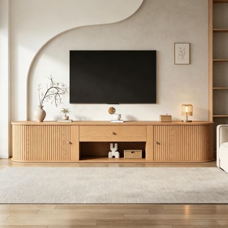 TV Schrank 180x40x40 cm, mit 2 Rollladentüren, Schublade und offenem Fach, Spanplatte, Holzfarbe (1/5)