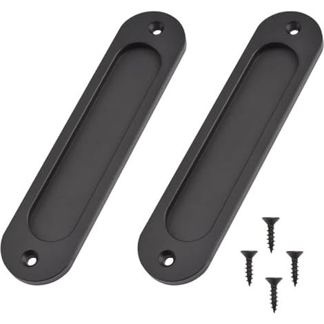 Lot de 2 poignées de porte coulissante encastrées ovales en alliage d'aluminium massif noir mat avec vis pour porte de grange coulissante, placard, armoire, fenêtres - 180 x 40 mm (1/5)