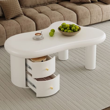 Mesa de centro fija orgánica 97x64x42 cm, 2 cajones, blanca, MDF, FloraGrace (1/5)
