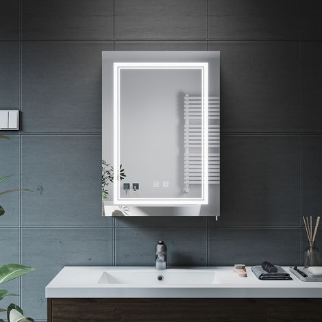 ELEGANT LED Illuminated Bathroom Mirror Cabinet with Shaver Socket Demister and Sensor Adjustable Glass Shelves 500 x 700MM Stainless Steel Cupboard