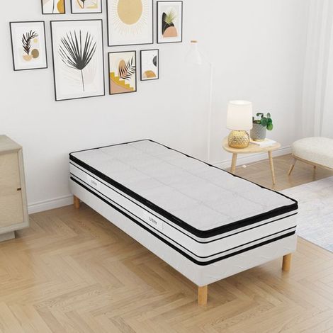 Kbedding – Ensemble sommier et matelas 90x190 cm – Matelas mousse haute densité 30 cm – Soutien ferme – Tissu stretch respirant – Sommier en bois massif (1/5)