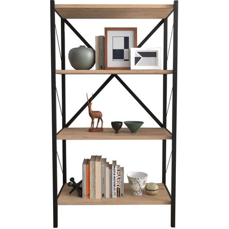 Estantería Librería metálica. Estilo industrial. con 4 estantes melamina color roble Safir. Estructura metálica negra. (Alto 121 cm/Ancho 66 cm/Fondo 34 cm). (1/4)