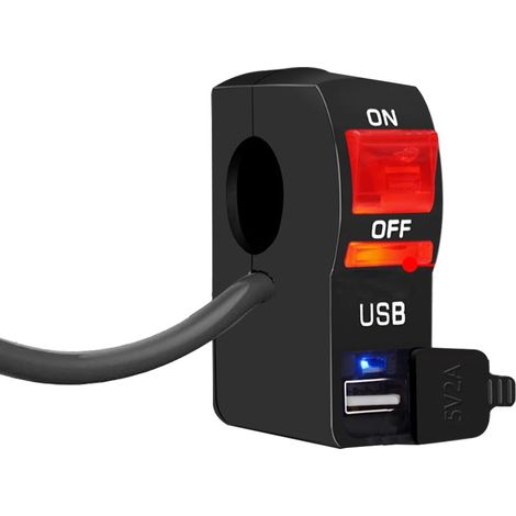 Interruptor de encendido/apagado con botón pulsador para manillar de motocicleta, LED rojo de 22 mm y 12 V/5 A, con cargador USB interruptor de control de faros de 12 V y 2 A para vehículos todo terre (1/4)