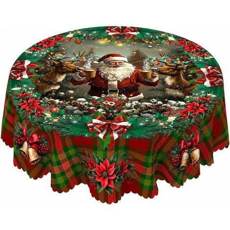 Nappe de Noël ronde 152 cm, en polyester, motif sapin, Père Noël et bonhomme de neige, décoration de table ronde 180 x 180 cm - Style 4 (1/2)