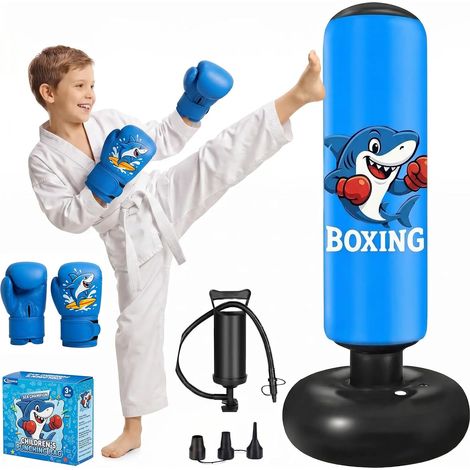 Sac de Boxe pour Enfants 3 à 8 Ans, 130cm Gonflable Sac de Frappe sur Pied, Sac de Boxe Set de Formation avec Gants, Cadeau Parfait pour Garçons et Filles pour Karaté, Taekwondo (1/5)