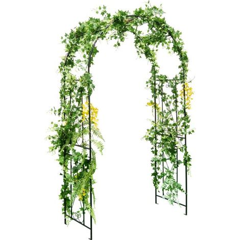 Arche de Jardin Métallique Noire avec Treillis Latéral, Structure Robuste Antirouille, Piquets de Fixation Inclus, Support pour Plantes Grimpantes et Décoration Extérieur (1/5)