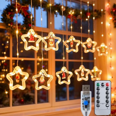 LED Rideau Lumineux Noël,  3M Guirlande Lumineuse de Étoile, Chargement USB 8 Modes Lumière Decoration Noel Extérieur Étanche pour Chambre à Coucher Fête Mariage, Blanc Chaud