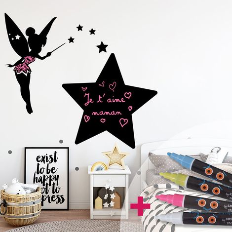 Sticker ardoise tableau noir - stickers muraux adhésif effaçable - FÉE RÊVEUSE + 4 CRAIES LIQUIDES - 25x30cm (1/4)