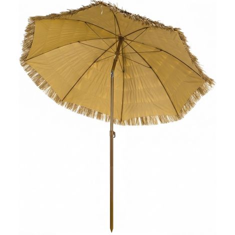 Parasol de plage à franges de paille Ø178 cm, hauteur et enclenaison réglables, protection UV50+, sac de transport marron clair