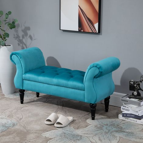 Nachttischbank im Vintage-Stil, Holzrahmen und gepolsterter Chesterfield-Sitz, Blau, 117 x 40 x 58 cm