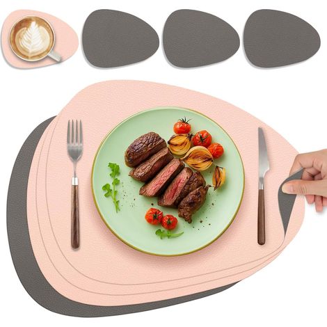 Lot de 4 sets de table ovales lavables en cuir, double face, antidérapants, rose et gris. (1/5)
