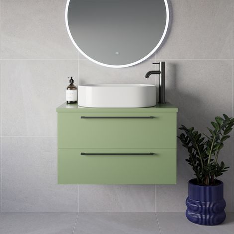 Napoli 390 Olive Green 800mm Wall Mounted 2 Drawer Vanity Unit for Countertop Basins - 800mm - Gunmetal Grey 480mm Handle