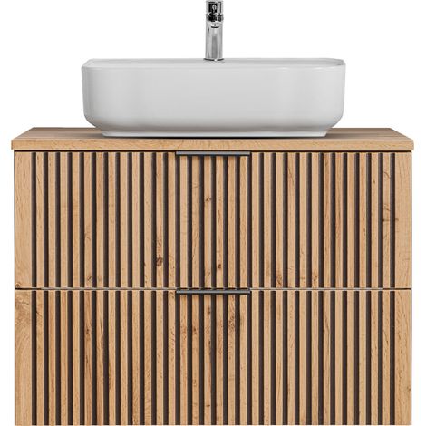 Waschtisch Badezimmer Unterschrank 80 cm mit Keramik Aufsatzwaschbecken XANTEN-56 in anthrazit mit Eiche Nb. schwarz gerillt, B/H/T: ca. 80,6/73,2/46,5 cm (1/5)