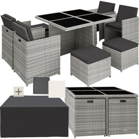 Salon de jardin résine tressée aluminium 2 sets housses gris clair (1/5)