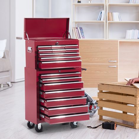 Carrello da officina con cassetta degli attrezzi, carrello portautensili vuoto con serratura, cassetti, vano porta attrezzi, chiave e tappetini antiscivolo, rosso