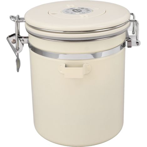 Boîte à café 1,5 L avec dosette, indicateur de date, en acier inoxydable, polyvalente et hermétique, couleur beige. (1/5)