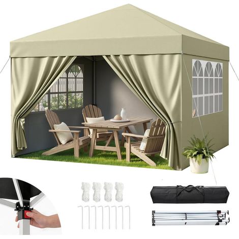 Tonnelle pliante 3x3m imperméable UV50+ avec 4 parois, réglable en hauteur, beige (1/5)