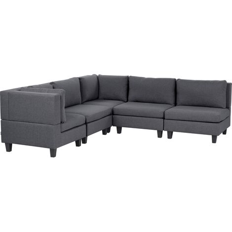 Sofá modular esquinero moderno 5 plazas tapizado tela patas negras respaldo acolchado derecho gris oscuro Unstad