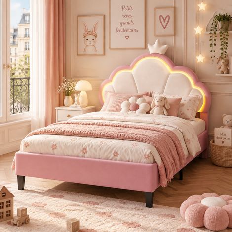 Lit enfant 140x200 cm,lit capitonné simple,Tête de lit couronné réglable avec éclairage LED,Lit Princesse,Sommier à lattes,Velours, rose (1/5)