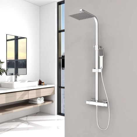 AICA Columna de Ducha con Termostato, Cubo Barra Ajustable 80-120cm, Alcachofa Cuadrada Regulable en Ángulo para Baño (1/5)