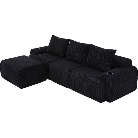 HOMVRA Modulares 3-Sitzer-Sofa aus schwarzem Cord mit Hocker, Getränkehalter und Seitentasche (1/5)
