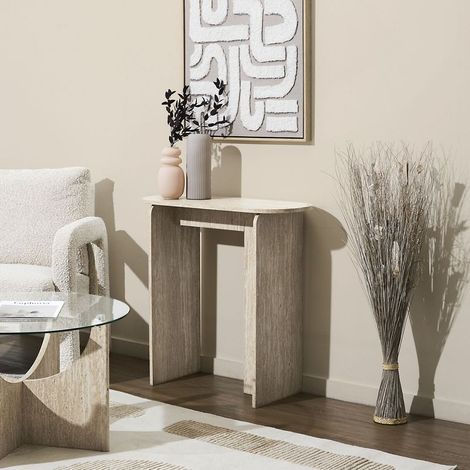 The Home Deco Factory – Console minimaliste effet pierre travertin – Blanc et beige – Dimensions compactes – Piétement épais pour stabilité
