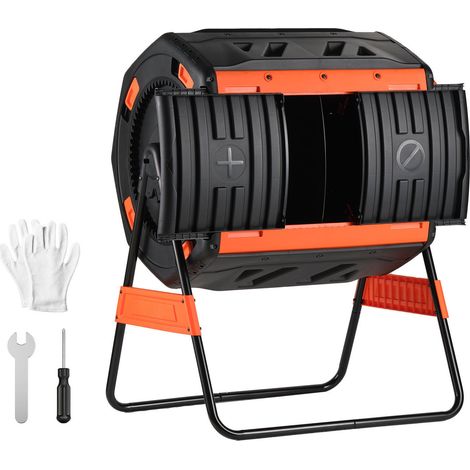 Mophorn Compostiera da giardino rotante a doppia camera da 200 L per esterni con porte scorrevoli e sistema di aerazione, ideale per rifiuti organici da cucina e cortile.