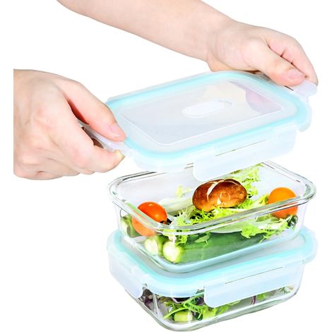 Boite Conservation Verre - 2 pièce 640 ml (2 récipient, 2 couvercle) étanche, Boite Alimentaire Verre - Sans BPA - Recipient Avec Couvercle (1/5)