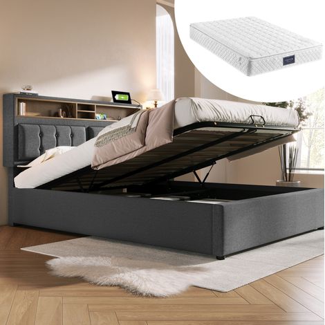 Doppelbett 140x200 cm grau aus Leinen mit verstellbarem Kopfteil, Stauraum und Steckdosen (1/5)