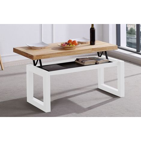 Pegane – Table basse relevable en bois chêne sauvage – Pieds métal blanc – Dimensions 120x60x47 cm – Espace de rangement optimal