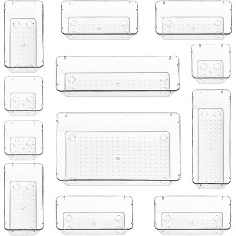 Lot de 12 - Organiseur de tiroir - Bac à ustensiles - Rangement cuisine et chambre - Plastique transparent - 22,5x15x5,5 cm (1/5)