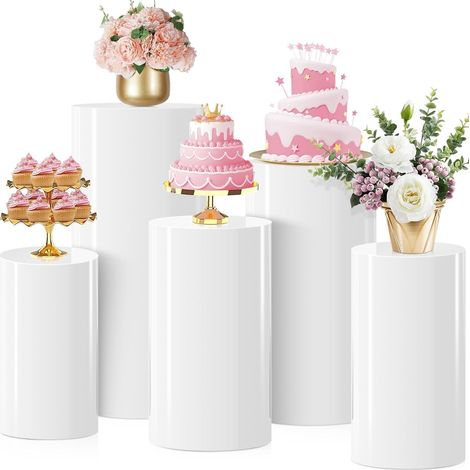 Lot de 5 socles cylindriques blancs - Colonnes rondes pour gâteaux, fleurs, décorations de table de fête, socle pour fêtes, décoration d'événement (mariage, fête prénatale, anniversaire (1/5)